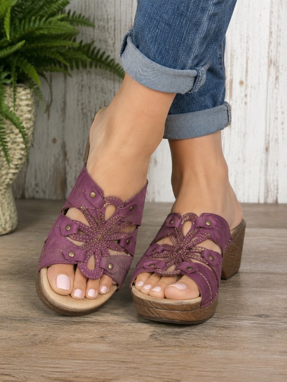 Dansko Floral Cutout Leather Wedge Sandals Plum Purple Size 40 US 9.5–10